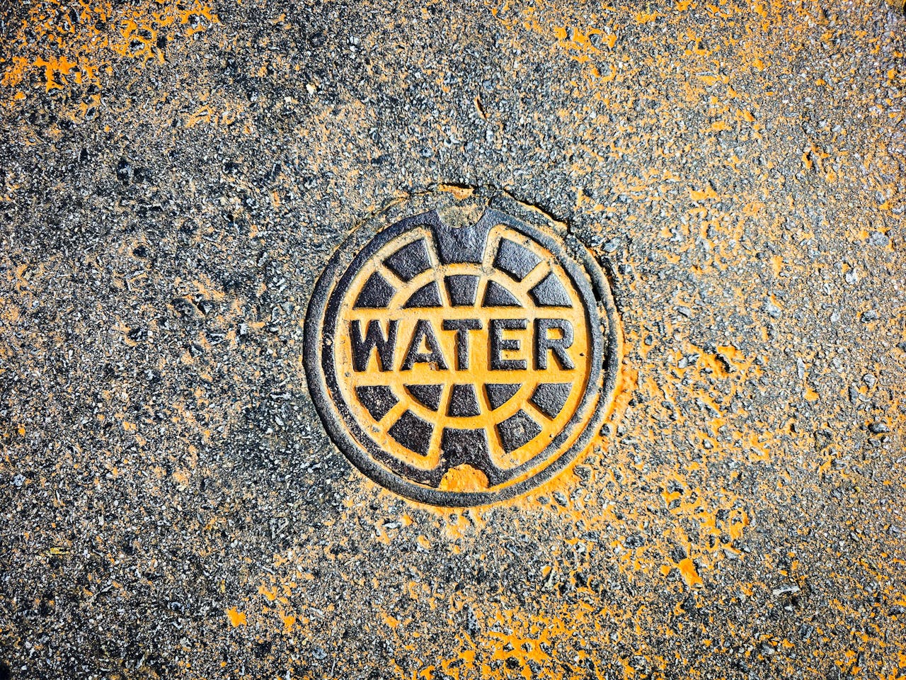 services-04 Colorful water utility cover on street pavement blends art with functionality.