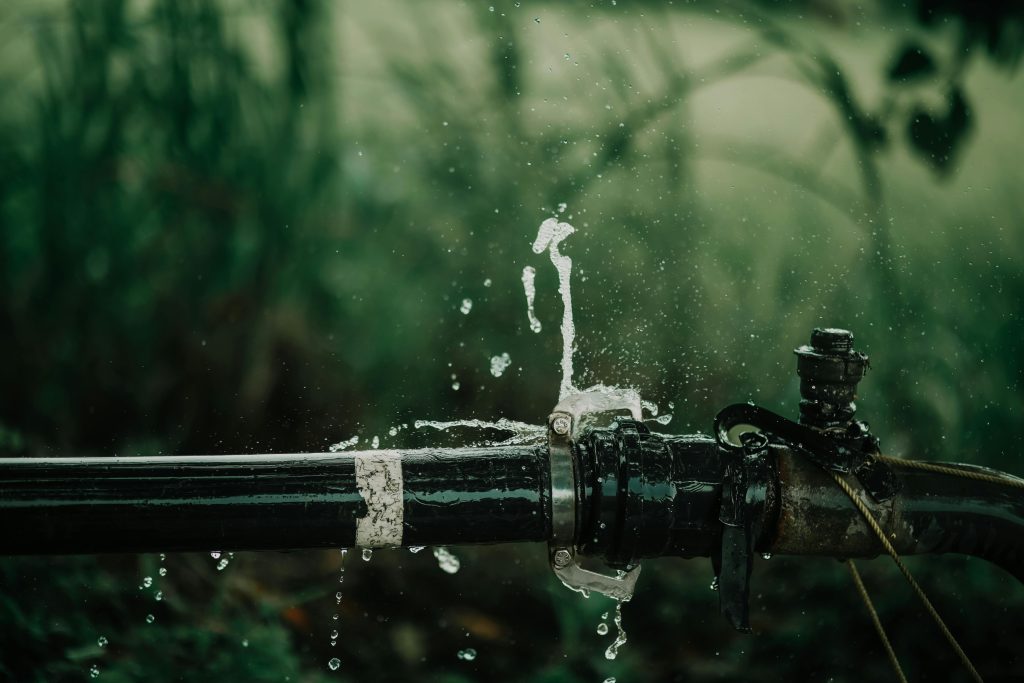 A detailed view of a leaking water pipe in a lush green garden setting.